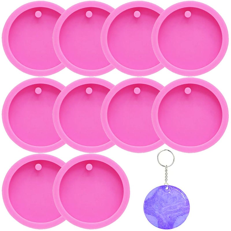 10 Pack Round Keychain Silicone Mold Flat Circle Resin Molds with Hole Keychain Charms Epoxy Resin Molds Casting Molds for DIY Earrings Keychain Pet Tag Jewelry Making Crafts Making 2 inch