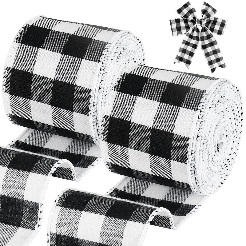 Tenn Well Buffalo Plaid Ribbon 196 Yards 25 inch Black and White Wired Plaid Ribbon for Christmas Tree Bow Making Holiday Wreaths Gift Wrapping Halloween Crafts 2 Roll x 98 Yards