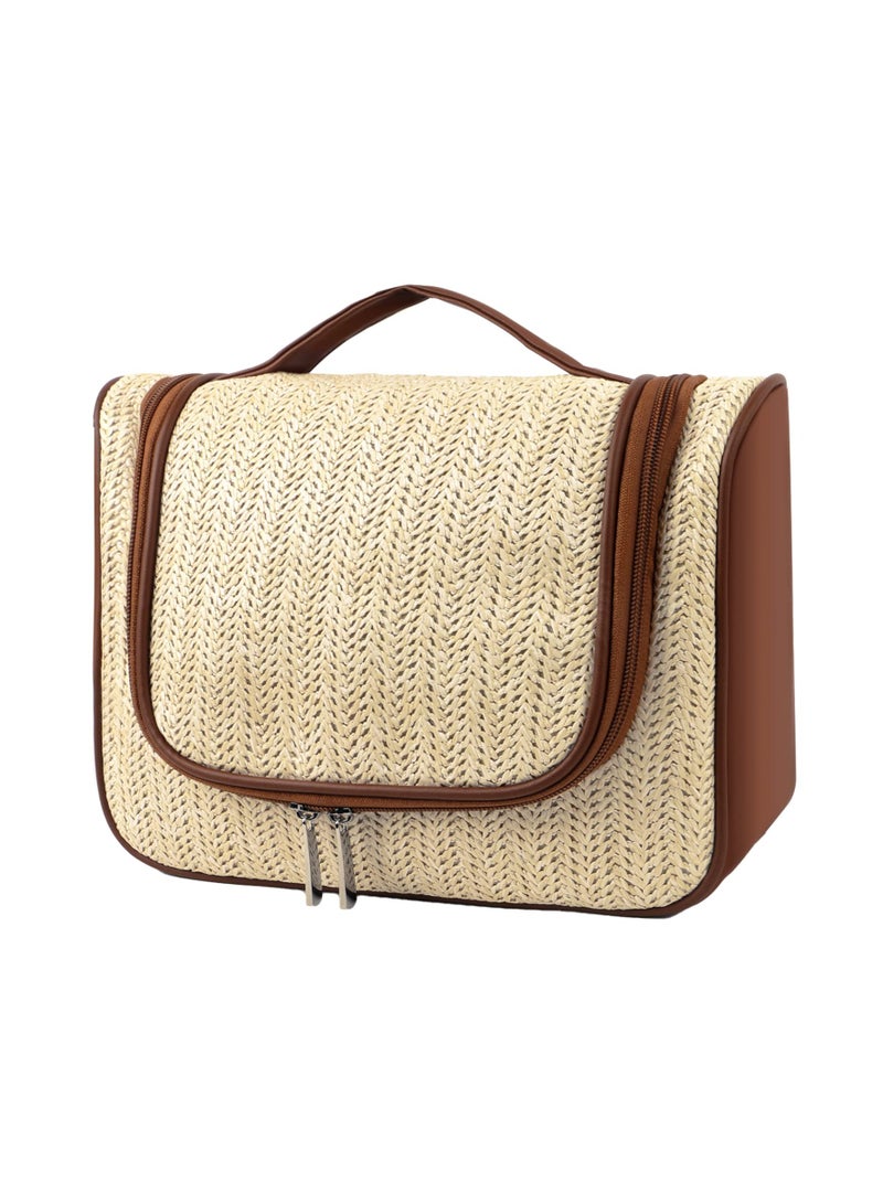 SYOSI Straw Weaving handbag, Travel Toiletry Bag, Cosmetic Bag For Women Large Makeup Bag Organizer, Hand-Portable Makeup Bag, Size of 27x12x20Cm Khaki - Image 1