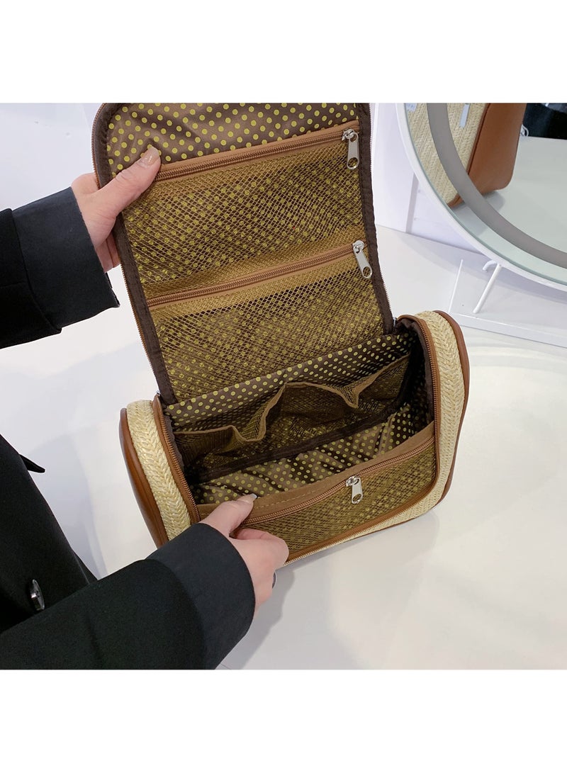 SYOSI Straw Weaving handbag, Travel Toiletry Bag, Cosmetic Bag For Women Large Makeup Bag Organizer, Hand-Portable Makeup Bag, Size of 27x12x20Cm Khaki - Image 4