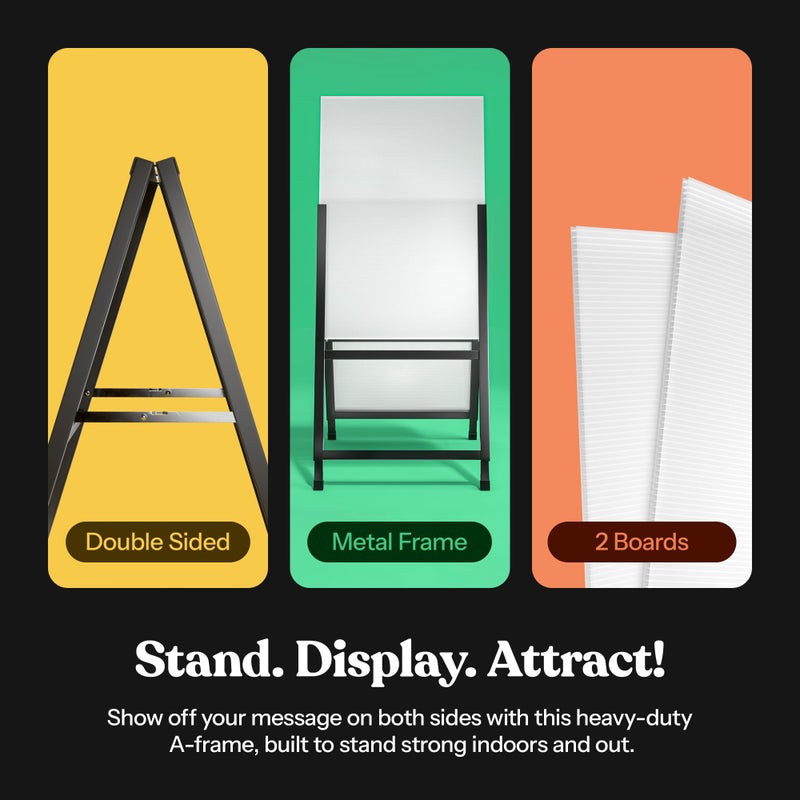 T-SIGN Outdoor A-Frame Sidewalk Sign 24x36 Inch Sandwich Board, Black Coated Steel Metal Double-Sided, Heavy Duty Slide-in Folding Frame Sign Holder, 2 Corrugated Plastic Poster Boards, Display Stand - Image 2