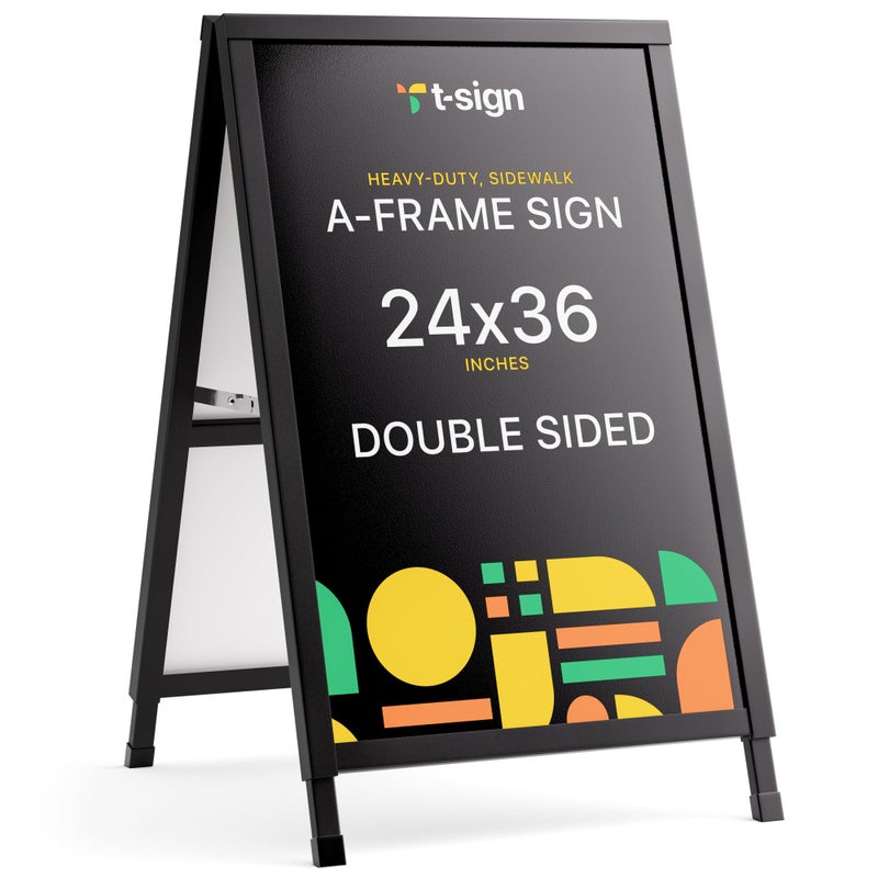 T-SIGN Outdoor A-Frame Sidewalk Sign 24x36 Inch Sandwich Board, Black Coated Steel Metal Double-Sided, Heavy Duty Slide-in Folding Frame Sign Holder, 2 Corrugated Plastic Poster Boards, Display Stand - Image 1