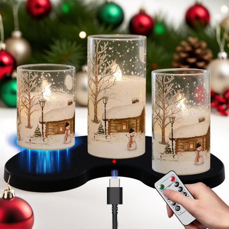 DRomance Snowman Glass Flameless Candles Rechargeable Battery Operated with Remote and Timer Real Wax LED Flickering Pillar Candles White Cold Light Window Christmas Holiday Decor D3 x 4",5",6" - Image 1