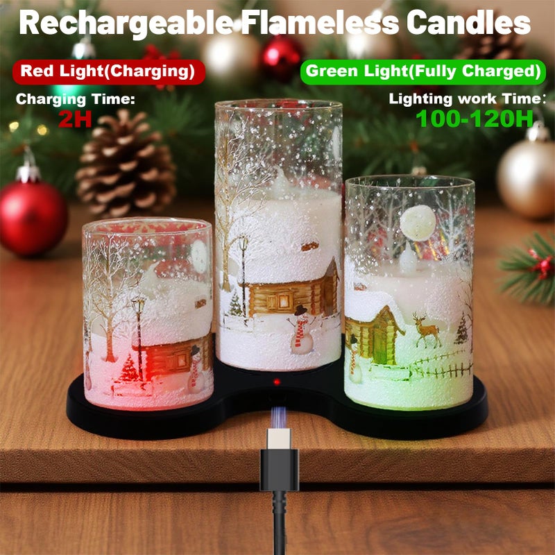 DRomance Snowman Glass Flameless Candles Rechargeable Battery Operated with Remote and Timer Real Wax LED Flickering Pillar Candles White Cold Light Window Christmas Holiday Decor D3 x 4",5",6" - Image 3