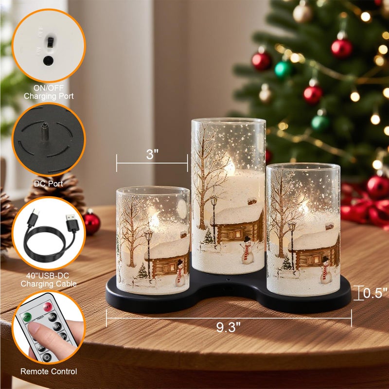 DRomance Snowman Glass Flameless Candles Rechargeable Battery Operated with Remote and Timer Real Wax LED Flickering Pillar Candles White Cold Light Window Christmas Holiday Decor D3 x 4",5",6" - Image 2