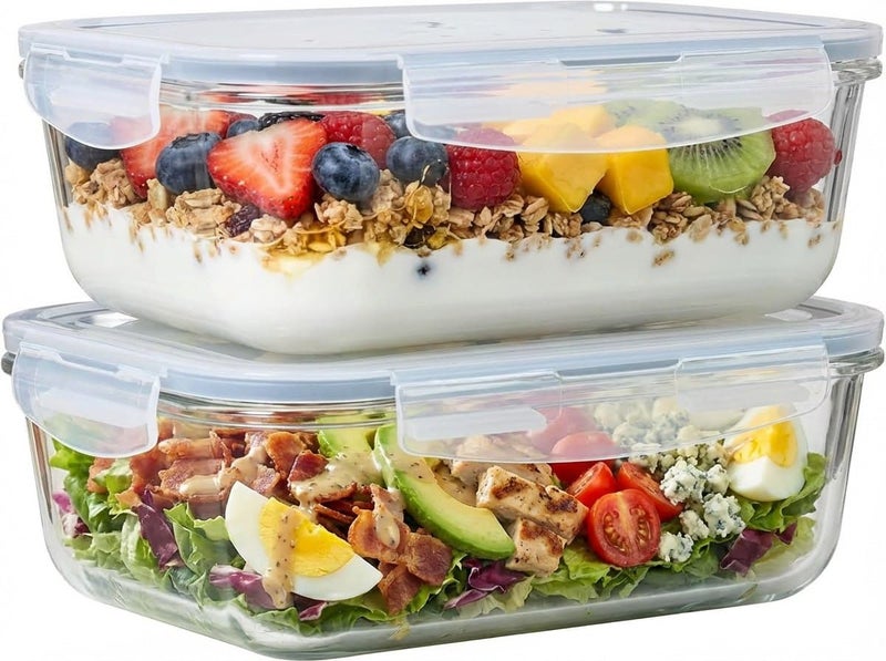 Le'raze 4pc Set 8 Cup64oz Large Glass Food Storage Containers with Lids Airtight Meal Prep Container with Lid Lock Freezer Microwave Oven Safe Clear Lunch Bowl Stackable Baking Pantry Organizer 2Pack - Image 2