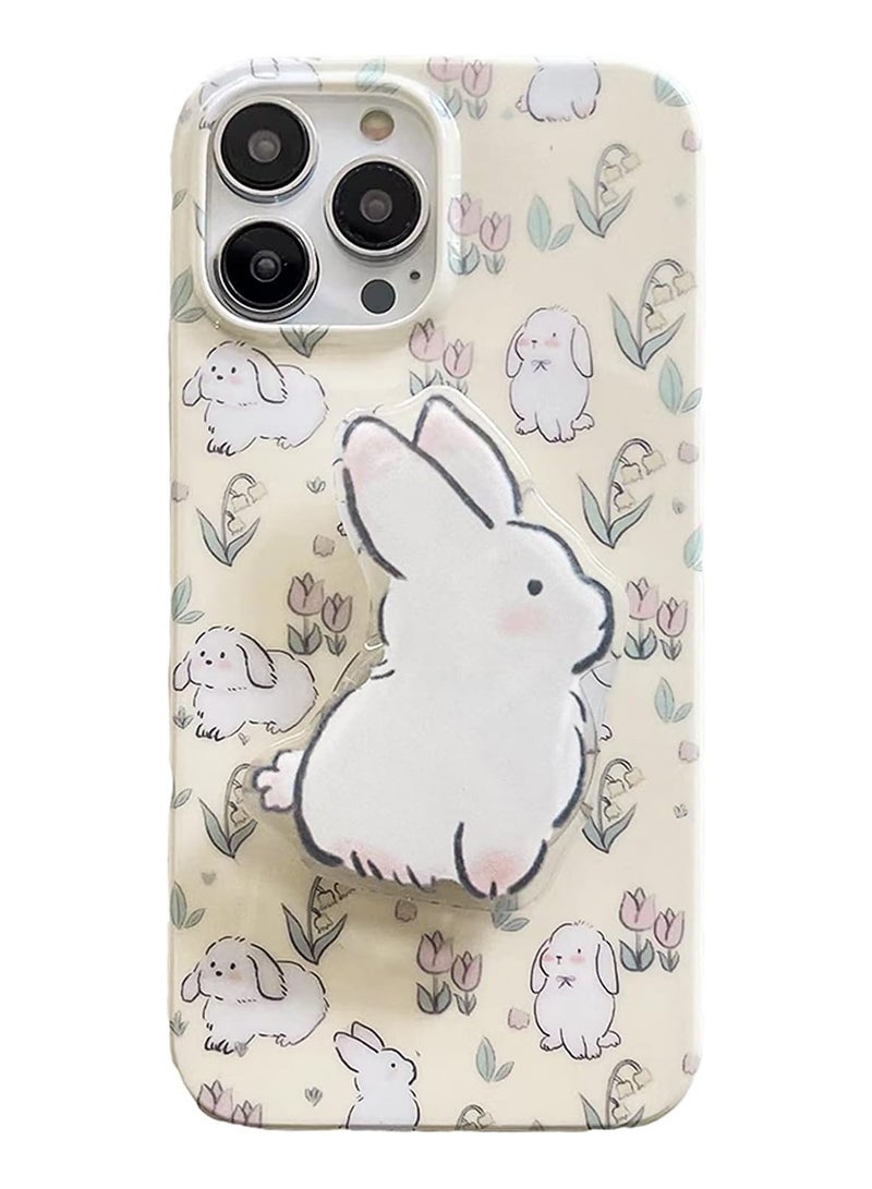 عام حافظة أرنب باللون البيج لهاتف آيفون 15 برو ماكس، حافظة كرتونية كورية ثلاثية الأبعاد لطيفة على شكل أرنب مع حامل أرنب للفتيات - Image 1