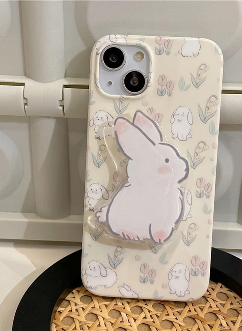 عام حافظة أرنب باللون البيج لهاتف آيفون 15 برو ماكس، حافظة كرتونية كورية ثلاثية الأبعاد لطيفة على شكل أرنب مع حامل أرنب للفتيات - Image 2