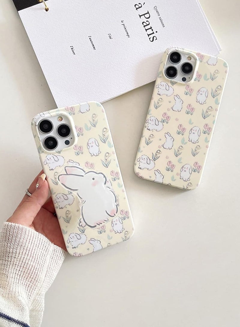 عام حافظة أرنب باللون البيج لهاتف آيفون 15 برو ماكس، حافظة كرتونية كورية ثلاثية الأبعاد لطيفة على شكل أرنب مع حامل أرنب للفتيات - Image 5