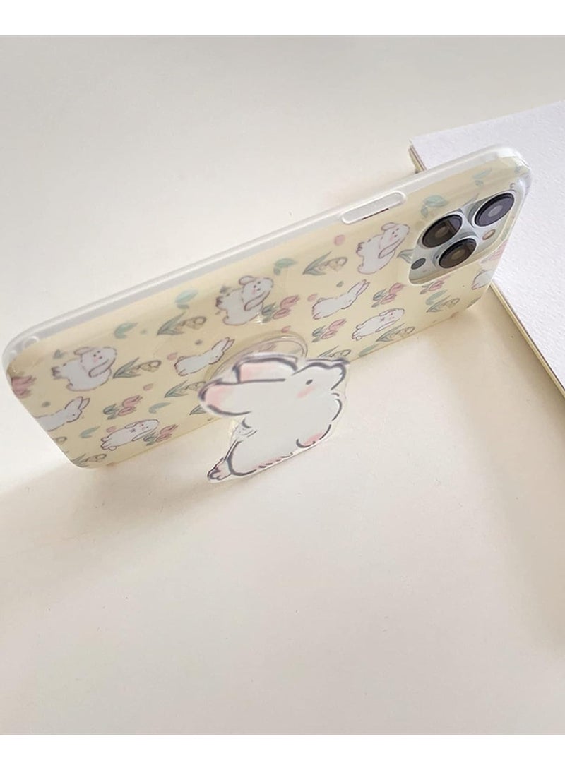 عام حافظة أرنب باللون البيج لهاتف آيفون 15 برو ماكس، حافظة كرتونية كورية ثلاثية الأبعاد لطيفة على شكل أرنب مع حامل أرنب للفتيات - Image 3