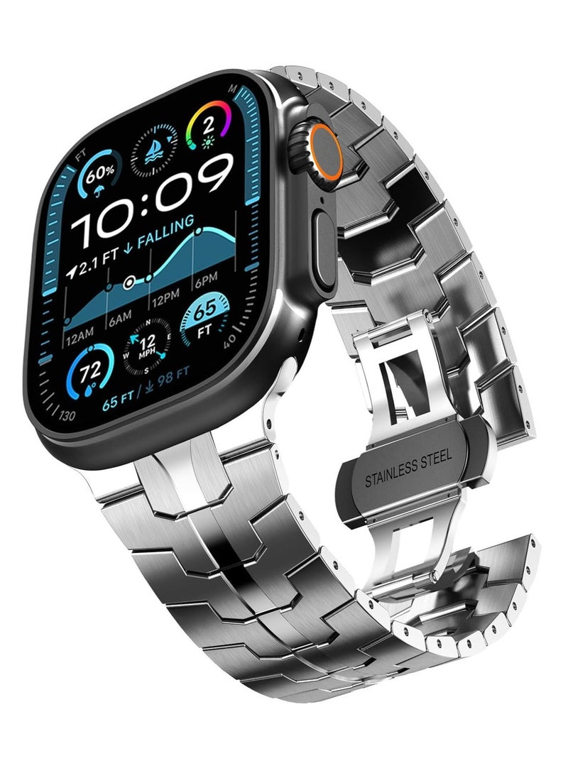 TIGER Stainless Steel Strap for iWatch 49mm, 46mm, 45mm, 44mm, 42mm – Silver Replacement Band for Apple Watch Ultra 3, Ultra 2, Ultra, Series 10, 9, 8, 7, SE, 6, 5, 4, 3, 2, 1 – Durable, Adjustable, Elegant Design - Image 1