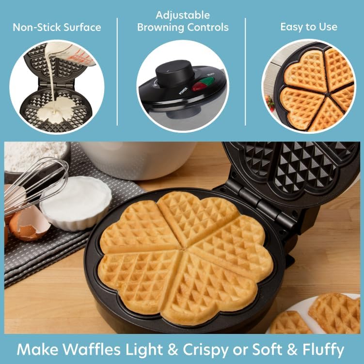 CucinaPro CucinaPro Heart Waffle Maker- Make 5 Heart Shaped Waffles for Special Loved Ones Breakfast- Nonstick Baker Easy Cleanup, Electric Waffler Griddle Iron w Adjustable Browning Control- Fun Gift for Her  - Image 4
