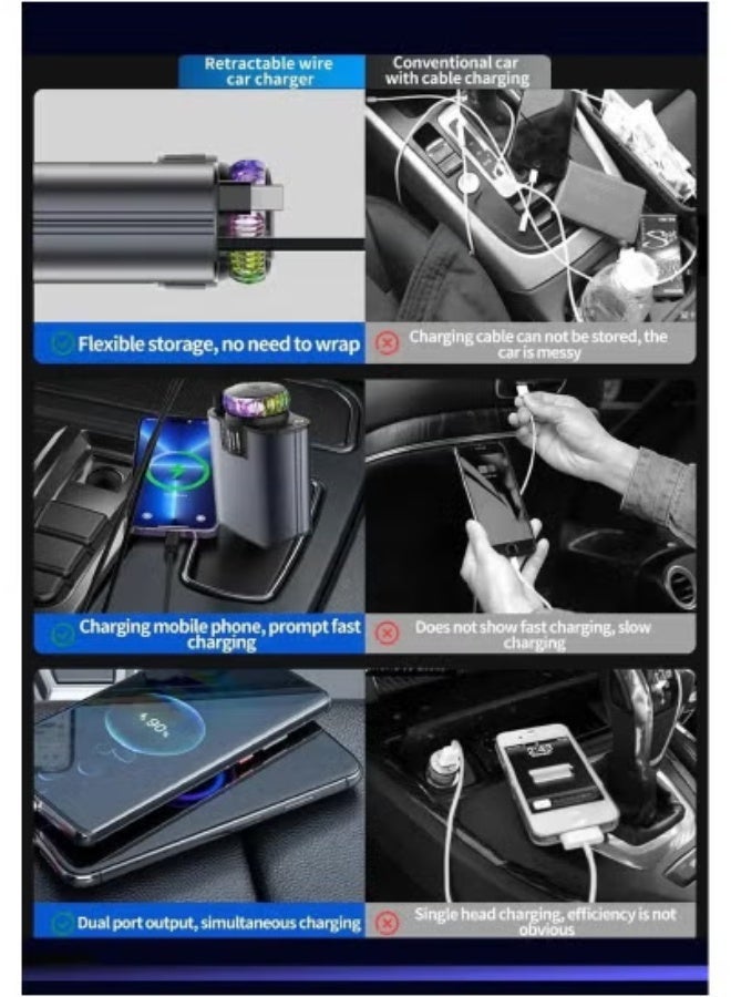 Multi Function 120W A5 Car Charger  Retractable  PD 30W Fast Charging  Ambient Light Built in Air Freshener  USB-C & QC3.0 Ports - Image 3