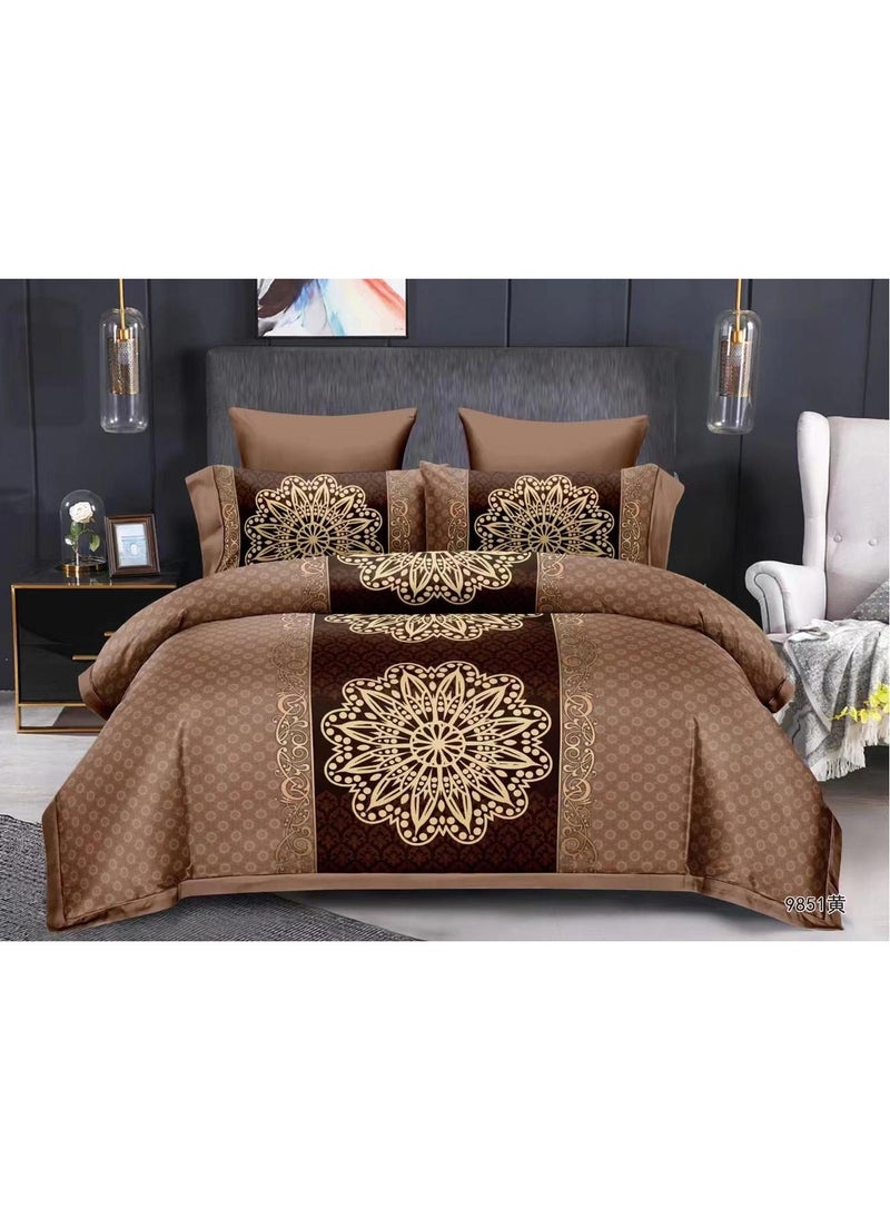 AL RAID King Size Luxury Mandala Embroidered Brown King Size Bed Sheet Set - Luxury Microfibre Cotton Material, Includes 1 Duvet Cover with 1 Fitted Sheet and 4 Pillowcases 220x240cm 