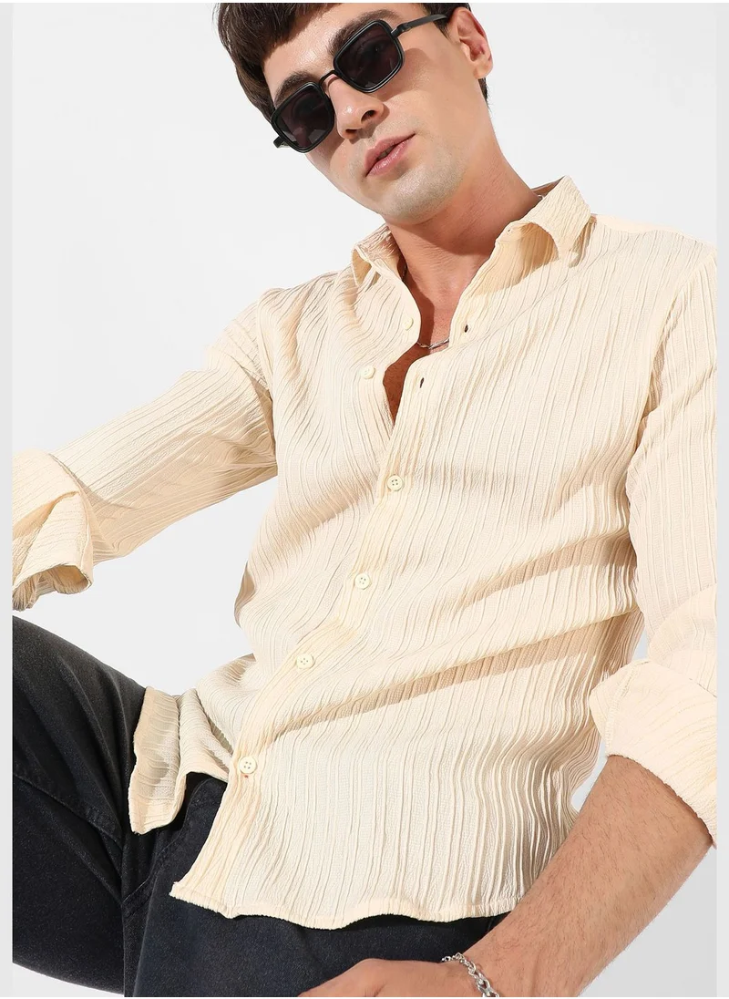 Campus Sutra Textured Spread Collar Long Sleeve Shirt