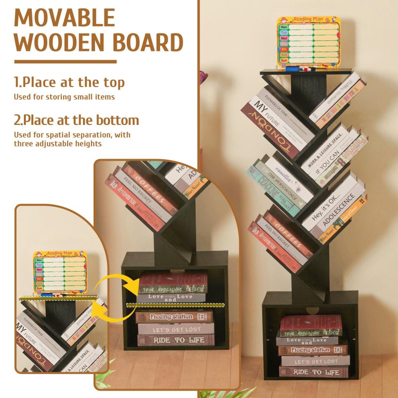FredCache 7 Tier Tree Book shelf, Small Bookcase with Reading Planner and Activity Panel, Modern Floor Standing Corner Tall Narrow Storage Cabinet Bookshelves for Home Office Bedroom Living Room (Black) - Image 2