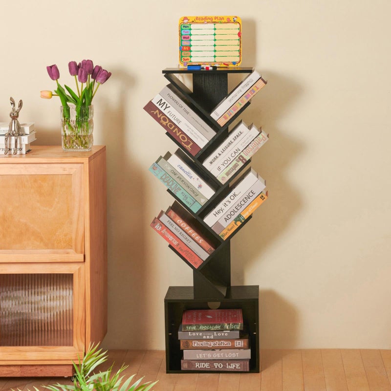 FredCache 7 Tier Tree Book shelf, Small Bookcase with Reading Planner and Activity Panel, Modern Floor Standing Corner Tall Narrow Storage Cabinet Bookshelves for Home Office Bedroom Living Room (Black) - Image 1