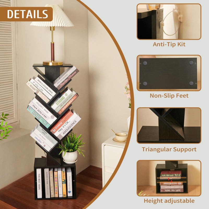 FredCache 7 Tier Tree Book shelf, Small Bookcase with Reading Planner and Activity Panel, Modern Floor Standing Corner Tall Narrow Storage Cabinet Bookshelves for Home Office Bedroom Living Room (Black) - Image 5