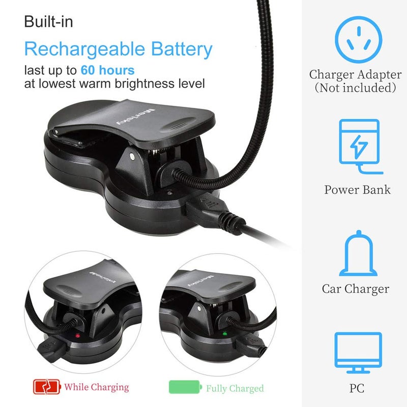 Merisky Rechargeable Book Light: Clip on LED Book Light for Reading in Bed - Adjustable 3 Color 3 Brightness - 60 Hours Eye Care Reading Lamp-Lightweight & Portable for Bed &Travel (Black) - Image 3