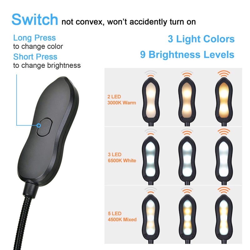 Merisky Rechargeable Book Light: Clip on LED Book Light for Reading in Bed - Adjustable 3 Color 3 Brightness - 60 Hours Eye Care Reading Lamp-Lightweight & Portable for Bed &Travel (Black) - Image 2