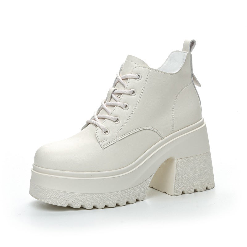 Autumn and Winter Womens Shoes New 10cm High-heeled Shoes Casual Short Boots Womens Martin Boots Lace-up All-match Single Cotton Shoes Rice order