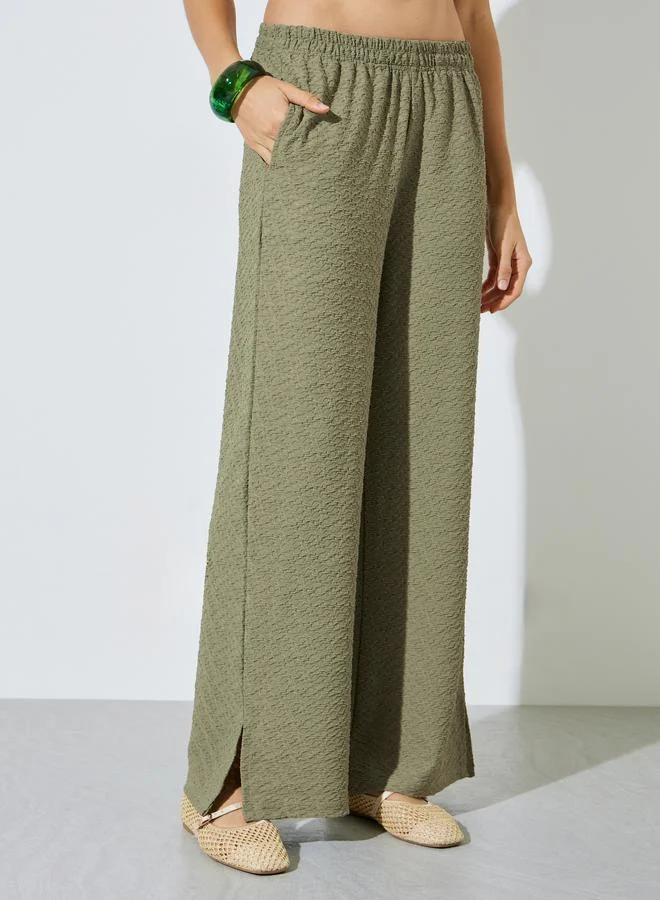 Styli Green Textured Wide Leg Pants with Elasticated Waistband