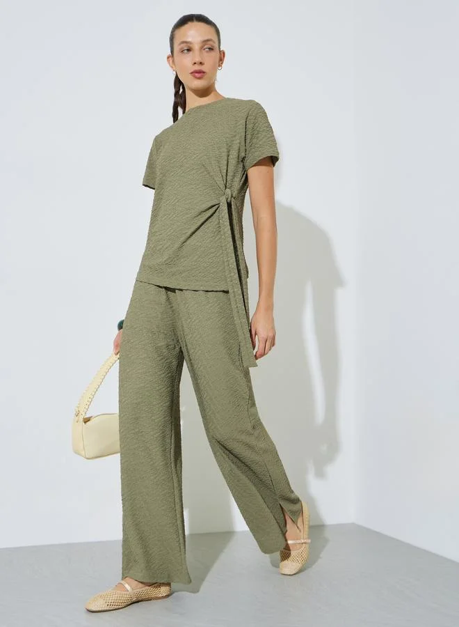 Styli Green Textured Wide Leg Pants with Elasticated Waistband