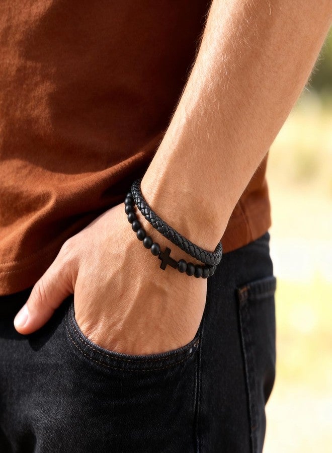 FLHEART Men's Cross Bracelet for Men - Bible Verse Bead Rosary Braided Black Genuine Leather Bracelets, Bangle Engraved Love You Forever, Christian Catholic Religious Jewelry Christmas Gifts Ideas for Man - Image 3