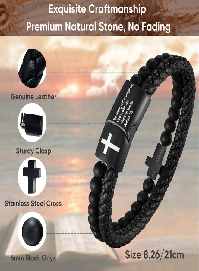 FLHEART Men's Cross Bracelet for Men - Bible Verse Bead Rosary Braided Black Genuine Leather Bracelets, Bangle Engraved Love You Forever, Christian Catholic Religious Jewelry Christmas Gifts Ideas for Man - Image 5