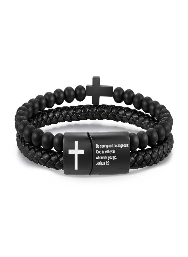 FLHEART Men's Cross Bracelet for Men - Bible Verse Bead Rosary Braided Black Genuine Leather Bracelets, Bangle Engraved Love You Forever, Christian Catholic Religious Jewelry Christmas Gifts Ideas for Man - Image 1