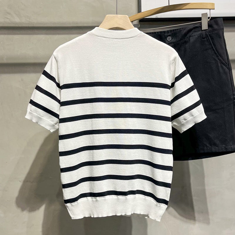 Ice Silk Cool T-Shirt Boys Thin 2024 Summer Round Neck New Style Striped Western Style Fashion Casual Knitted Short Sleeve - Image 5