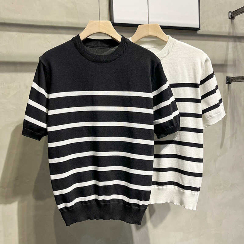 Ice Silk Cool T-Shirt Boys Thin 2024 Summer Round Neck New Style Striped Western Style Fashion Casual Knitted Short Sleeve - Image 2