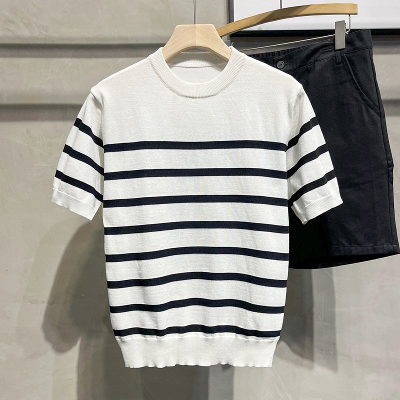 Ice Silk Cool T-Shirt Boys Thin 2024 Summer Round Neck New Style Striped Western Style Fashion Casual Knitted Short Sleeve - Image 1