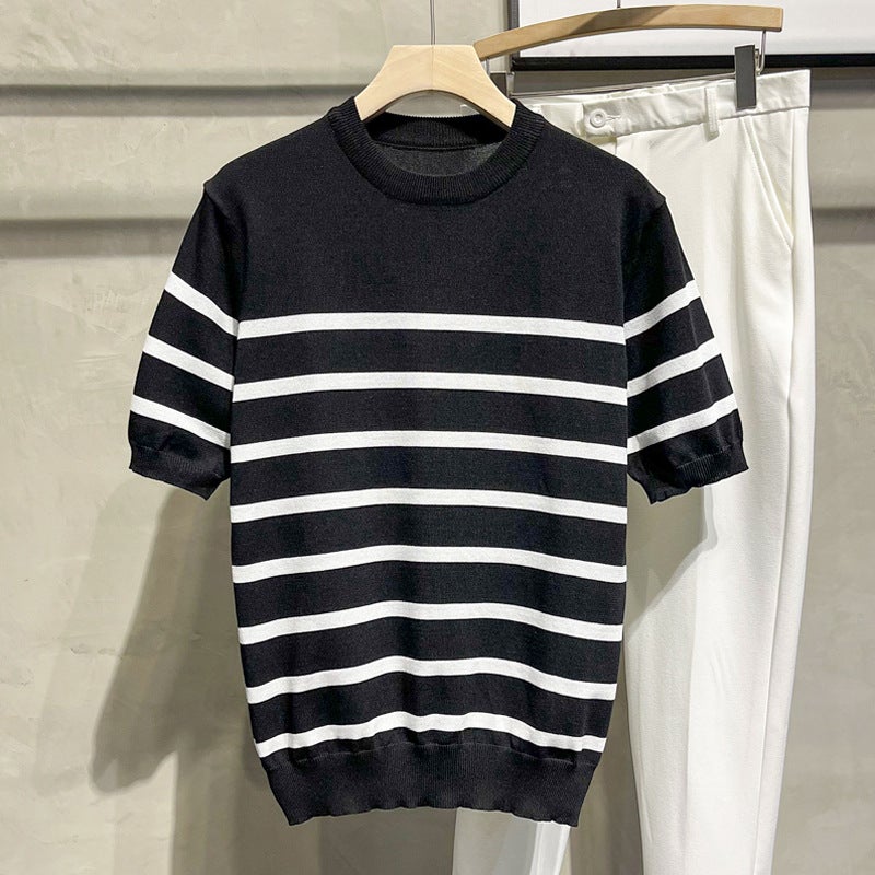 Ice Silk Cool T-Shirt Boys Thin 2024 Summer Round Neck New Style Striped Western Style Fashion Casual Knitted Short Sleeve - Image 3