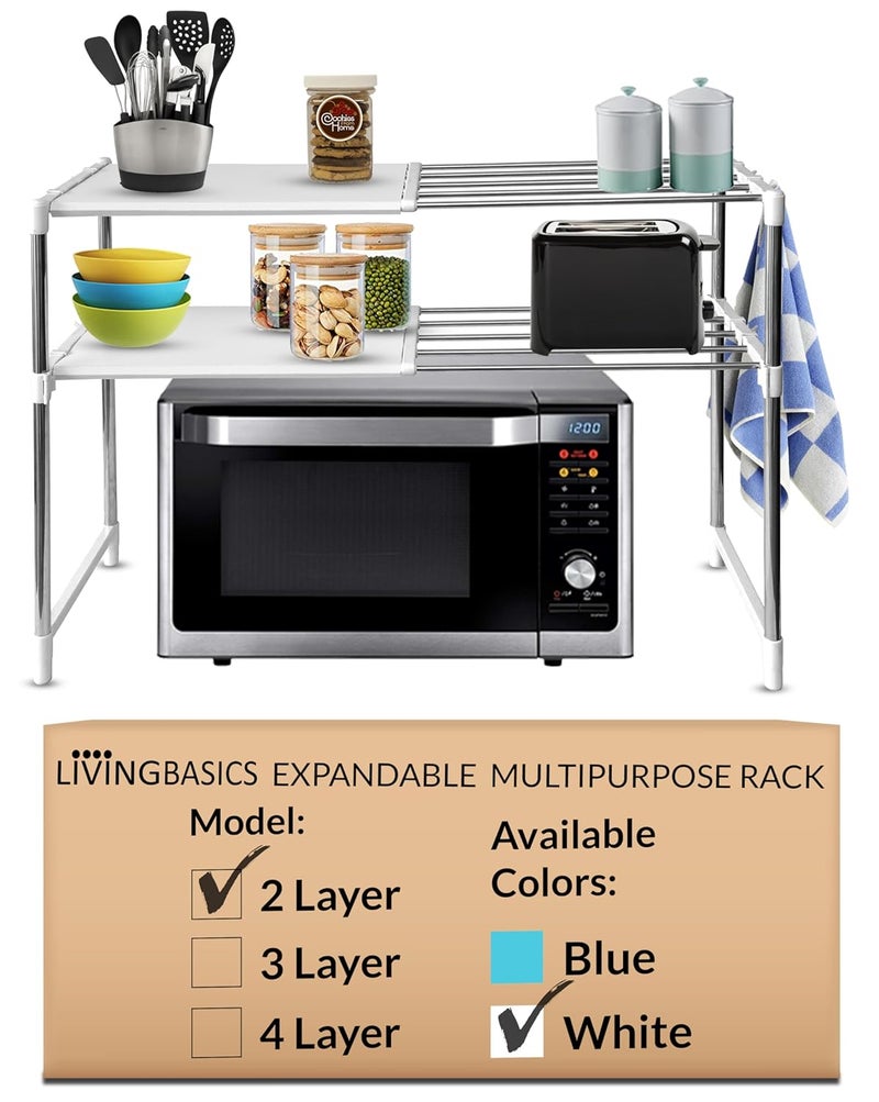 LIVINGBASICS 2 Layer Stainless Steel Multipurpose ExpandableAdjustable Shelf Stand for Wardrobe Organizer for ClothesKitchen StorageOver The MicrowaveOTGShoes RackOffice Snow White - Image 1