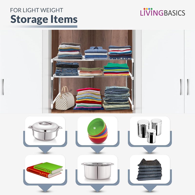 LIVINGBASICS 2 Layer Stainless Steel Multipurpose ExpandableAdjustable Shelf Stand for Wardrobe Organizer for ClothesKitchen StorageOver The MicrowaveOTGShoes RackOffice Snow White - Image 4