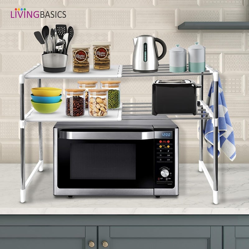 LIVINGBASICS 2 Layer Stainless Steel Multipurpose ExpandableAdjustable Shelf Stand for Wardrobe Organizer for ClothesKitchen StorageOver The MicrowaveOTGShoes RackOffice Snow White - Image 2