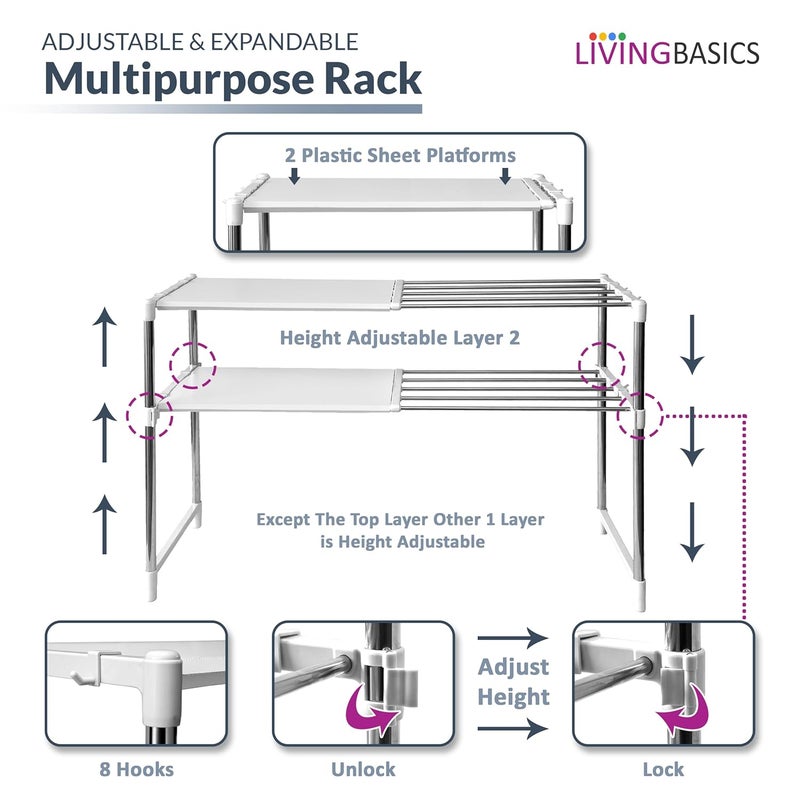 LIVINGBASICS 2 Layer Stainless Steel Multipurpose ExpandableAdjustable Shelf Stand for Wardrobe Organizer for ClothesKitchen StorageOver The MicrowaveOTGShoes RackOffice Snow White - Image 5