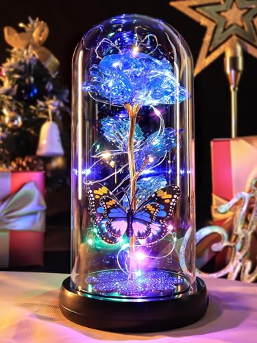 Pusuny Mothers Day Rose Gifts for Mom Birthday Gift for Women, Rechargeable Galaxy Glass Rose in Glass Dome Crystal Eternal Roses Butterfly Mother's Day Flowers Gifts for Women Mom Wife Grandma Daughter Blue - Image 1