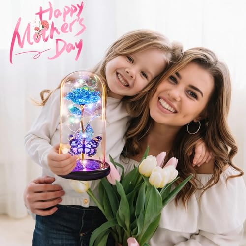 Pusuny Mothers Day Rose Gifts for Mom Birthday Gift for Women, Rechargeable Galaxy Glass Rose in Glass Dome Crystal Eternal Roses Butterfly Mother's Day Flowers Gifts for Women Mom Wife Grandma Daughter Blue - Image 3