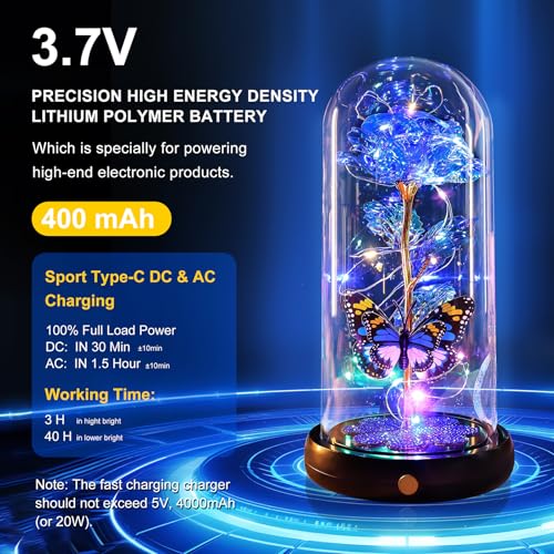 Pusuny Mothers Day Rose Gifts for Mom Birthday Gift for Women, Rechargeable Galaxy Glass Rose in Glass Dome Crystal Eternal Roses Butterfly Mother's Day Flowers Gifts for Women Mom Wife Grandma Daughter Blue - Image 2