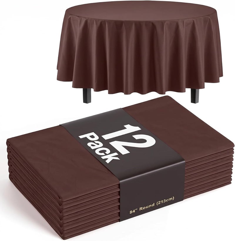 Exquisite 12-Pack Premium Plastic 84-Inch Round Tablecloth - Brown - Image 1