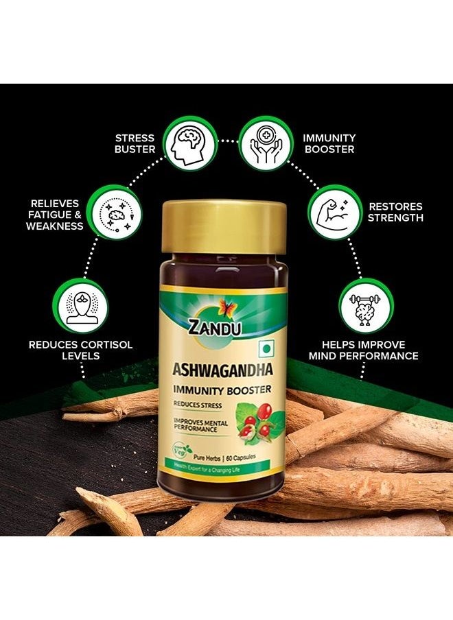 Zandu - Ashwagandha Capsules (120 veg caps), Formulated with Pure Extracts of Ashwagandha, Immunity Booster, For Natural Body Strength, Stress Buster (Pack of 60 x 2) - Image 1