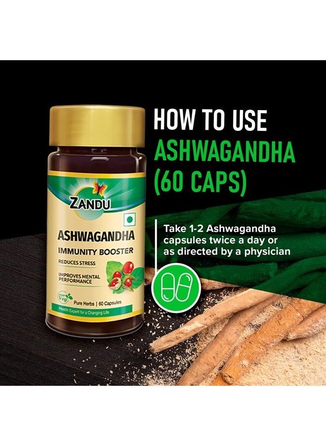 Zandu - Ashwagandha Capsules (120 veg caps), Formulated with Pure Extracts of Ashwagandha, Immunity Booster, For Natural Body Strength, Stress Buster (Pack of 60 x 2) - Image 1