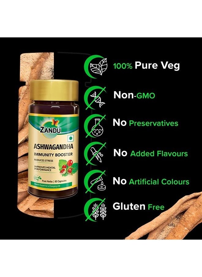 Zandu - Ashwagandha Capsules (120 veg caps), Formulated with Pure Extracts of Ashwagandha, Immunity Booster, For Natural Body Strength, Stress Buster (Pack of 60 x 2) - Image 1