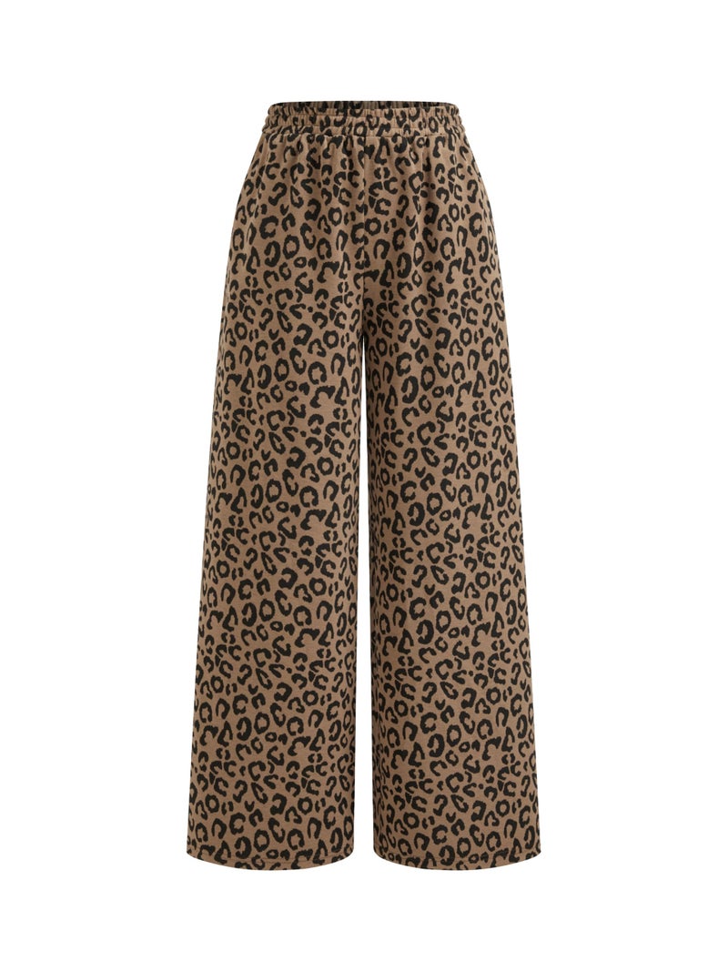CIDER Women Leopard Print Wide Leg Lounge Pants Sweatpants Elastic Waist Casual Trousers with Pockets - Image 1