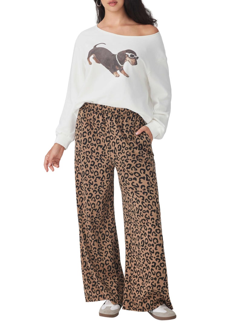 CIDER Women Leopard Print Wide Leg Lounge Pants Sweatpants Elastic Waist Casual Trousers with Pockets - Image 5