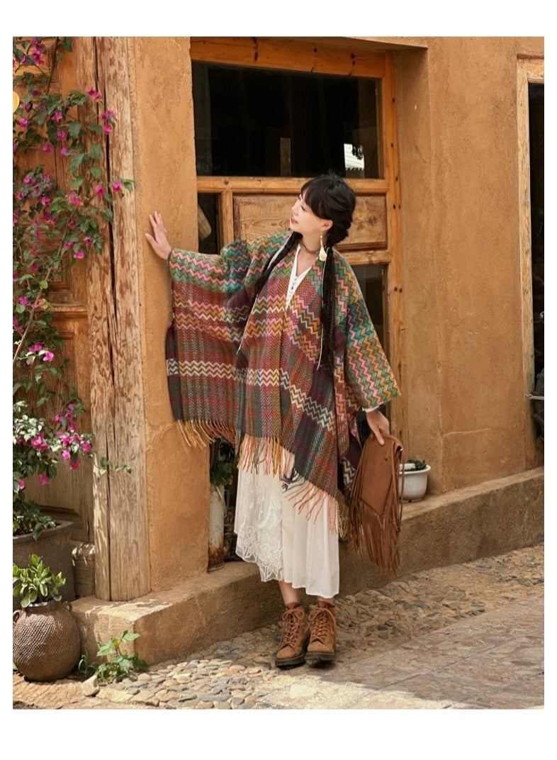 KASTWAVE Women's Vintage Winter Shawl, Traditional Lady Shawl, Tassel Scarf Retro Pashmina Shawl, Warm Scarf Wraps for Evening Dressing Blanket  - Image 3