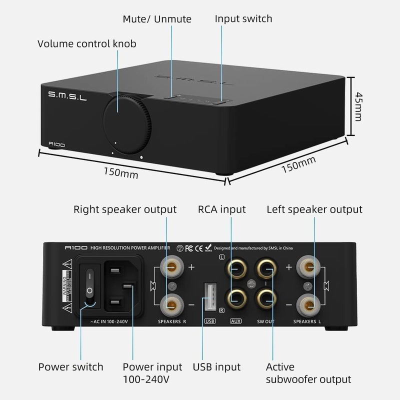 S.M.S.L SMSL A100 Amplifier Home Audio, Stereo Amplifier Uses Infineon's Power Amplifier Chip MA12070, 2 * 80W Output Power, USB Multi-Device Support, Bluetooth 5.0 with Circuit Protection - Image 2