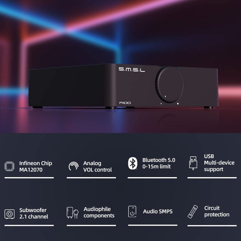 S.M.S.L SMSL A100 Amplifier Home Audio, Stereo Amplifier Uses Infineon's Power Amplifier Chip MA12070, 2 * 80W Output Power, USB Multi-Device Support, Bluetooth 5.0 with Circuit Protection - Image 4
